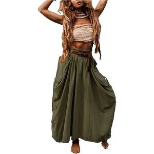 Women's Organic Cotton Maxi Boho Skirt with Pockets - Olive Green Delight
